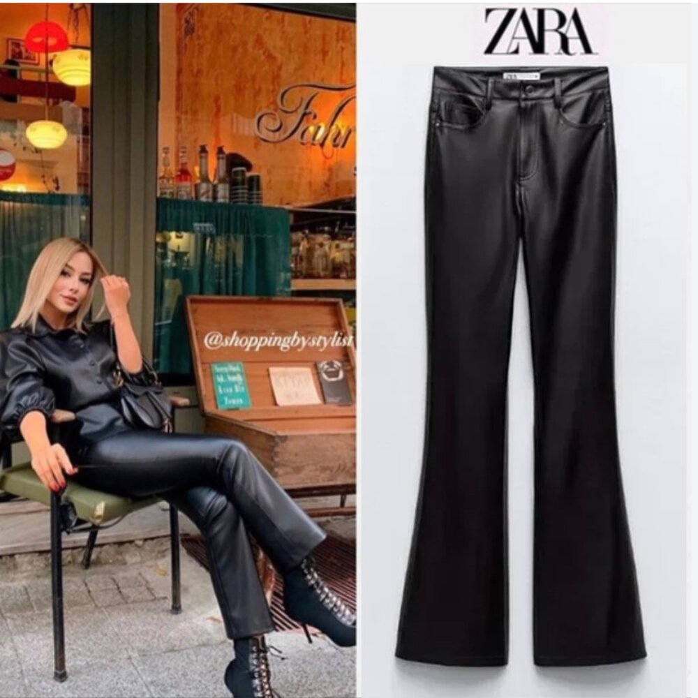Zara Sleek Black Leather Flare Pants